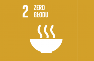 Logotyp 2 Celu Zrównoważonego rozwoju. Biały napis i symboliczna grafika na żółtym tle.