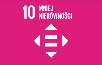 Logotyp 10 Celu Zrównoważonego rozwoju. Biały napis i symboliczna grafika na różowym tle.