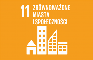 Logotyp 11 Celu Zrównoważonego rozwoju. Biały napis i symboliczna grafika na żółtym tle.