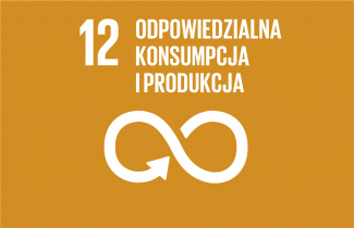 Logotyp 12 Celu Zrównoważonego rozwoju. Biały napis i symboliczna grafika na ciemnożółtymtle.