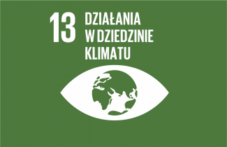 Logotyp 13 Celu Zrównoważonego rozwoju. Biały napis i symboliczna grafika na zielonym tle.