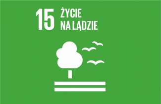 Logotyp 15 Celu Zrównoważonego rozwoju. Biały napis i symboliczna grafika na zielonym tle.