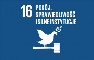 Logotyp 16 Celu Zrównoważonego rozwoju. Biały napis na niebieskim tle.
