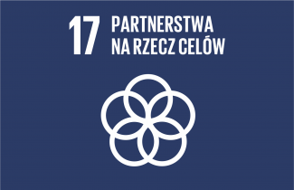 Logotyp 17 Celu Zrównoważonego rozwoju. Biały napis na niebieskim tle.