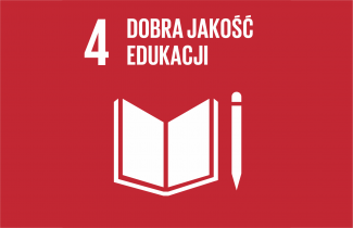 Logotyp 4 Celu Zrównoważonego rozwoju. Biały napis i symboliczna grafika na czerwonymtle.