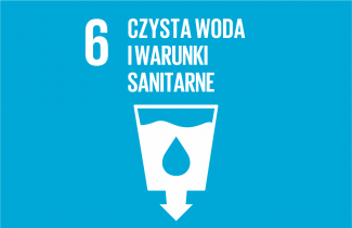Logotyp 6 Celu Zrównoważonego rozwoju. Biały napis i symboliczna grafika na niebieskimtle.