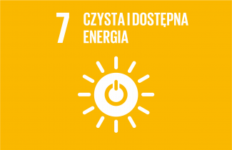 Logotyp 7 Celu Zrównoważonego rozwoju. Biały napis i symboliczna grafika na żółtymtle.