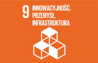 Logotyp 9 Celu Zrównoważonego rozwoju. Biały napis i symboliczna grafika na pomarańczowym tle.