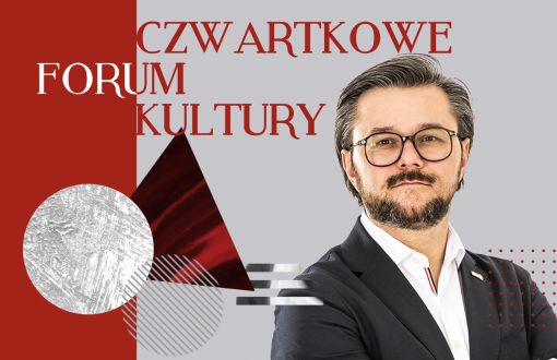 Grafika reklamujące Czwartkowe Forum Kultury PŁ z Michałem Stysiem