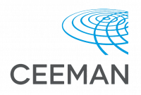 Logotyp: niebieski znak graficzny oraz czarny napis CEEMAN.
