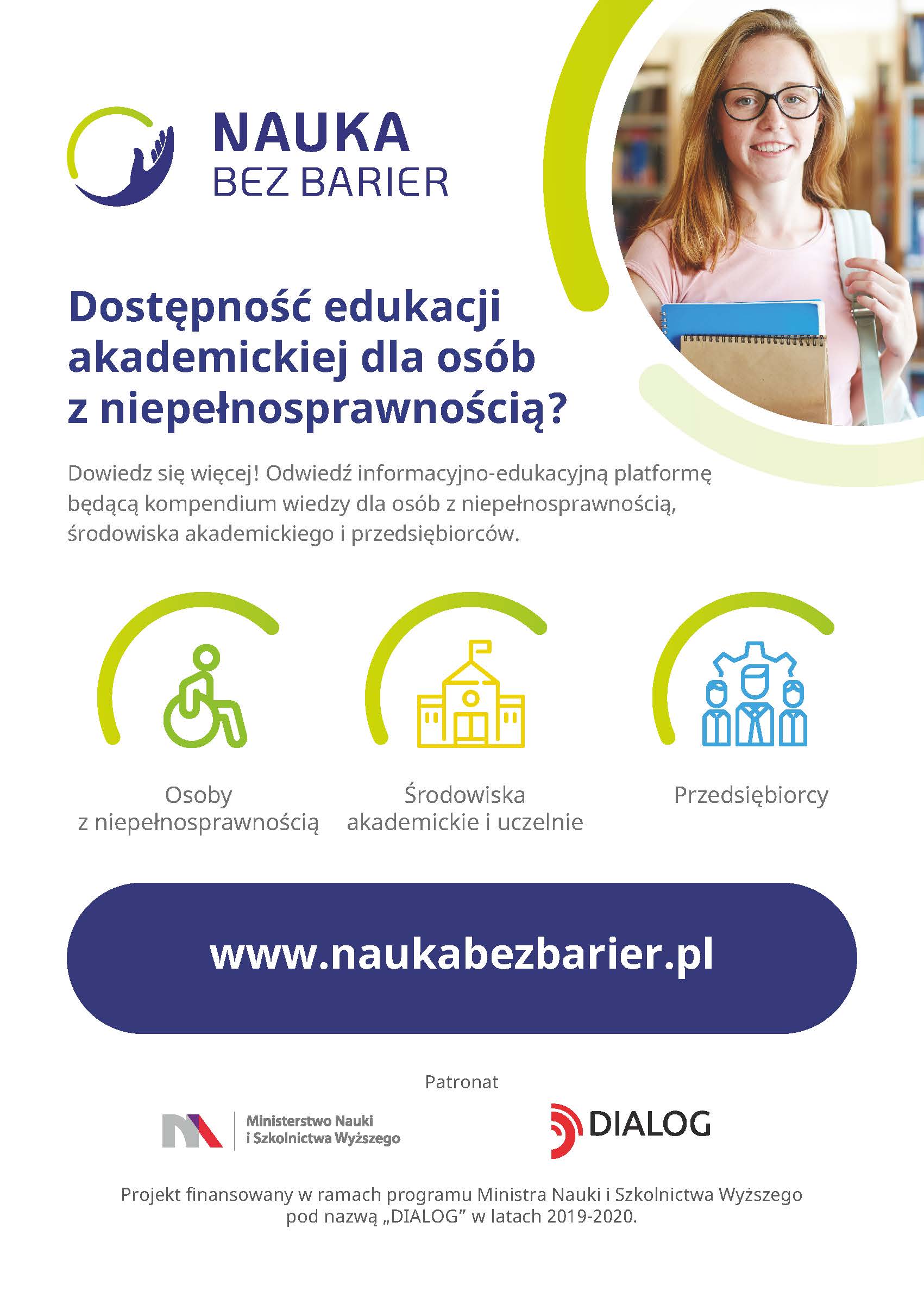 Niebiesko-zielony plakat projektu "Nauka Bez Barier" 