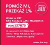 Obrazek przedstawia różowy plakat informujący białymi literami o przekazaniu 1% podatku. W plakacie znajduje się nazwa fundacji ("Jaś i Małgosia"), nr KRS: 0000127075 oraz nr (#812) i imię, nazwisko potrzebującego.