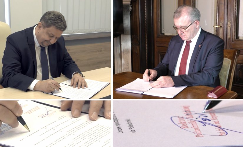 Kolaż czterech zdjęć. W górnym rzędzie po prawej prof. Krzysztof Jóźwik, po lewej Grzegorz Schreiber siedzą w swoich gabinetach i podpisują umowę. Na dolnych zdjęciach zbliżenie na podpisy.