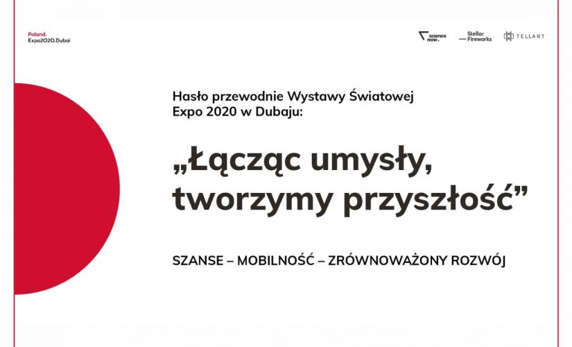 Grafika do polskiej ekspozycji na wystawie EXPO 2020: na białym tle czarny napis: Łącząc umysły, tworzymy przyszłość.