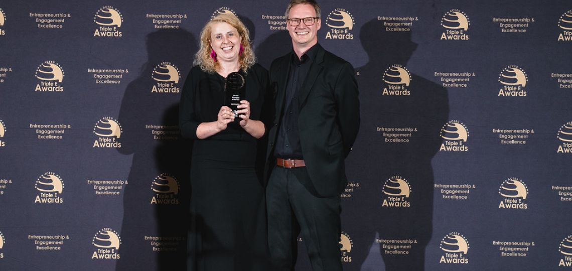 Assoc. Prof. Dorota Piotrowska, Lodz University of Technology, received the award during the Gala Ceremony, standing alongside Prof. Thorsten Kliewe, ACEEU Chair.