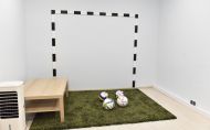Fragment pokoju zaaranżowany na boisko sportowe: trawa, bramka, piłki.