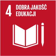 Jedna z ikon akcji Cele zrównoważonego rozwoju: czerwony kwadrat z białym, drukowanym napisem u góry: 4 dobra jakość edukacji. Poniżej prosta ikona: biały kontur rozłożonej książki i ołówka.