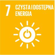 Jedna z ikon akcji Cele zrównoważonego rozwoju: żółty kwadrat z białym, drukowanym napisem u góry: 7 Czysta i dostępna energia. Poniżej prosta ikona: biały kontur słońca.