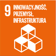 Jedna z ikon akcji Cele zrównoważonego rozwoju: pomarańczowy kwadrat z białym, drukowanym napisem u góry: 9 Innowacyjność, przemysł, infrastruktura. Poniżej prosta ikona: trzy białe kontury sześcianów.