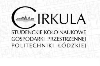 Graphic sign. Large printed inscription Cirkula with the letter C highlighted. Underneath in three rows an inscription: Student Science Club of Spatial Management of Lodz University of Technology. A grey grid in the background.