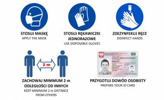 Dwujęzyczna infografika z napisami: stosuj maskę, rękawiczki jednorazowe, zdezynfekuj ręce, zachowaj odstęp min. 2 m, przygotuj dowód osobisty.