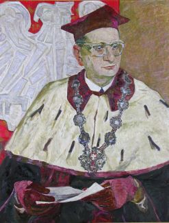 Obraz olejny. Portret piątego rektora PŁ. prof. Jerzego Wernera, który pozuje w todze i łańcuchu.