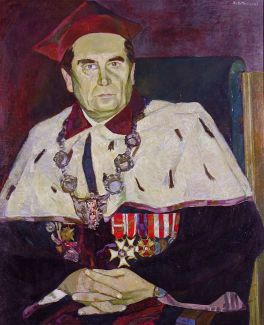 Obraz olejny. Portret szóstego rektora PŁ. prof. Mieczysława Serwińskiego, który pozuje w todze i łańcuchu oraz z medalami.