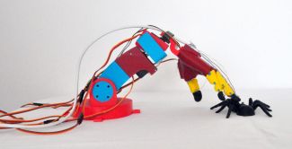 Kolorowa ręka robota z widocznymi przewodami "głaszcze" czarnego pająka - Projekt SpiderHand zespołu UBICOMP.