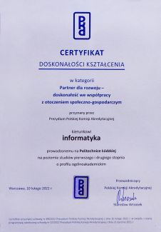 Dyplom PKA dla kierunku informatyka na PŁ