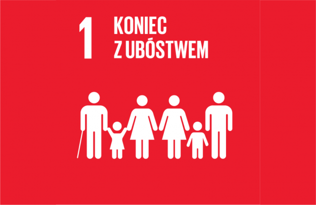 Logotyp 1 Celu Zrównoważonego rozwoju. Biały napis i symboliczna grafika na czerwonym tle.