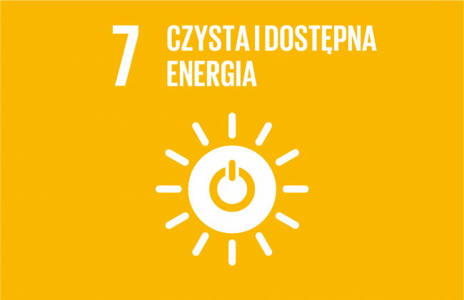 Logotyp 7 Celu Zrównoważonego rozwoju. Biały napis i symboliczna grafika na żółtymtle.