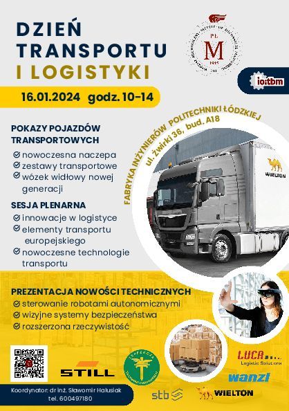 Plakat na Dzień otwarty transportu i logistyki na PŁ