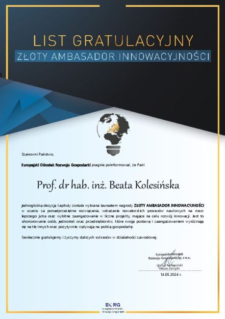 List gratulacyjny dla prof. Beaty Kolesińskiej z PŁ