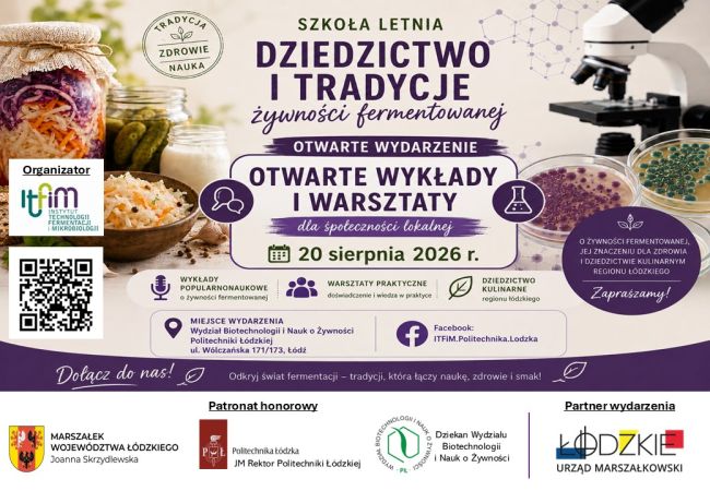 Plakat reklamuje wydarzenie "Szkoła letnia" w dniu 20 sierpnia 2026 na Politechnice Łódzkiej