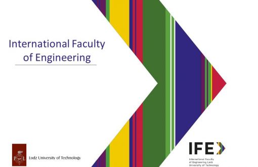 First slide of presentation: central large majority sign with vertical stripes in colours: violet, yellow, red, green, blue. On the left: at the top the inscription International Faculty of Engineering, at the bottom the TUL logotype - a maroon rectangle and black inscription Lodz University of Technology. On the right-hand side, at the bottom, the inscription IFE.