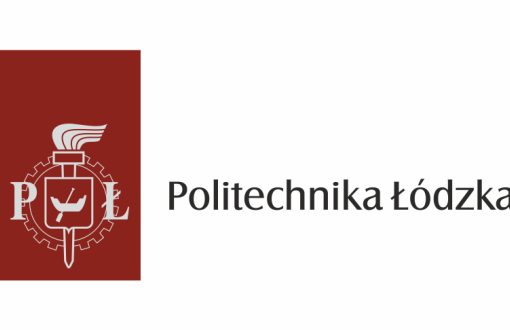 Logotyp PŁ. Z lewej strony bordowy prostokąt z szarymi literami PŁ, płonącą pochodnią, zębatką i godłem Łodzi. Po prawej stronie czarny napis Politechnika Łódzka.