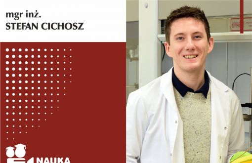 Graphic of the series Science talk(ie)s - the voice of young researchers. Image divided into two parts: the left is a graphic on a white and maroon background, the right is a photograph of the protagonist. In the upper left corner, on a white background, a black inscription Stefan Cichosz. Below, on a maroon background, the logo of the cycle: a camera icon with the name of the cycle. On the right is a portrait photograph of Stefan Cichosz in a white lab coat.