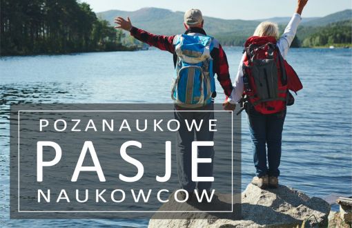 A woman and a man with backpacks stand backwards and look at a lake stretching to the horizon. In the lower left corner, white lettering on a transparent black background: the unscientific pursuits of TUL scientists.