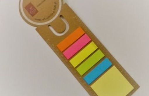 Rectangular bookmark finished on one side with a round head. Additional small rectangular coloured marker cards on the bookmark.