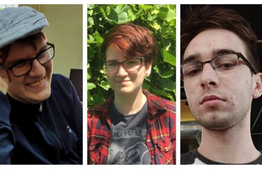 Kolaż trzech pionowych zdjęć studentów: Wiktora Kani, Ewy Kłapcińskiej i Mateusza Groblewskiego.