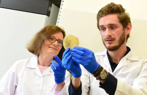 Dr hab. inż. Edyta Kordialik-Bogacka, prof. PŁ z dr. inż. Hubertem Antolakiem w laboratorium, w białych fartuchach i niebieskich rękawiczkach. Mężczyzna trzyma w rękach herbaciany opłatek i obydwoje patrzą na niego. 