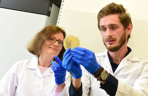 Dr hab. inż. Edyta Kordialik-Bogacka, prof. PŁ z dr. inż. Hubertem Antolakiem w laboratorium, w białych fartuchach i niebieskich rękawiczkach. Mężczyzna trzyma w rękach herbaciany opłatek i obydwoje patrzą na niego. 