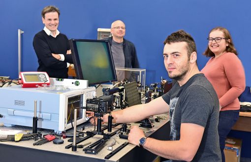Prof. Tomasz Czyszanowski (1st from left) with the photonics research team from the Institute of Physics, TUL: Assoc. Prof. Michał Wasiak, Eng. Magdalena Marciniak MSc, Dr Eng. Marcin Gębski.