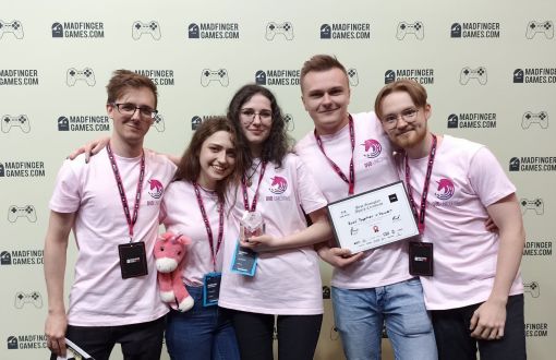 The winning team a moment after receiving the award, from the left: Filip Izydorczyk, Karolina Zaborowska, Jagoda Gradek, Mateusz Majchrzak and Filip Mazurek