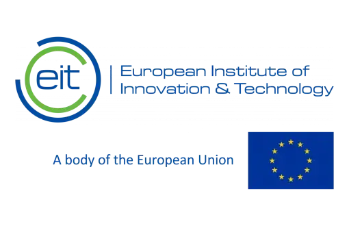 Niebieskie logo organizacji EIT na białym tle.