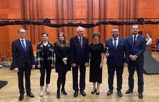 Representatives of the awarded team, incl. from the right dr hab. inż. Adam Wojciechowski, TUL professor (with the statuette) and  dr inż. Jarosław Andrzejczak