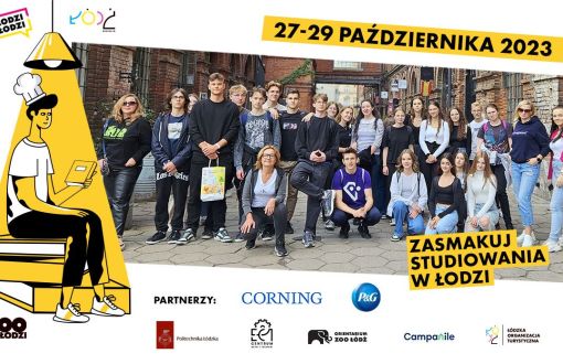 Grafika promująca cykl spotkań Zasmakuj studiowania w Łodzi