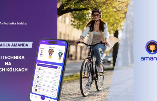 plakat informujący o akcji politechnika łódzka na 2 kółkach, składa się z 3 kolumn w odcieniu granatu, w środku rowerzystka miejska