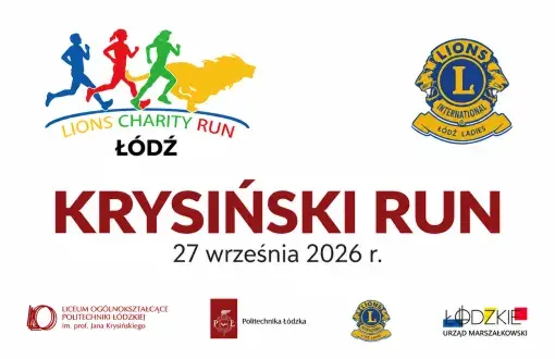 Pozioma grafika promująca Krysiński Run, który odbędzie się 27 września 2026 r. w Łodzi. Na grafice znajdują się logotypy organizatorów i partnerów wydarzenia