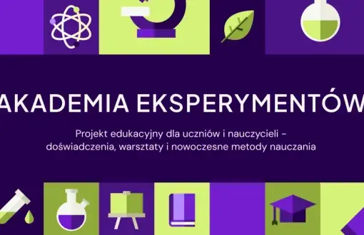 Grafika promująca Akademię Eksperymentów – projekt edukacyjny dla uczniów i nauczycieli, z motywami naukowymi i laboratoryjnymi.